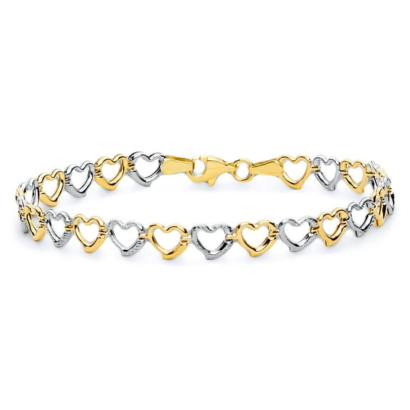 Wellingsale 14k Two 2 Tone White and Yellow Gold Polished Heart Bracelet with Lobster Claw Clasp - 7.5"