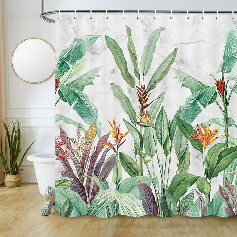 Joocar Green Plant Fabric Shower Curtain, Tropical Flower Leaf On Marble Shower Curtain for Bathroom, Botanical Jungle Bathroom Curtain with Hooks