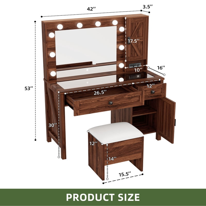 Uforic 42" Farmhouse Makeup Vanity Set with Lighted Mirror & Drawers, ,Vanity Desk with Charging Station & Glass Top, Brown