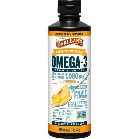 Barlean's Omega 3, Mango Peach 16 oz - EPA & DHA, Brain, Joint, Heart Health
