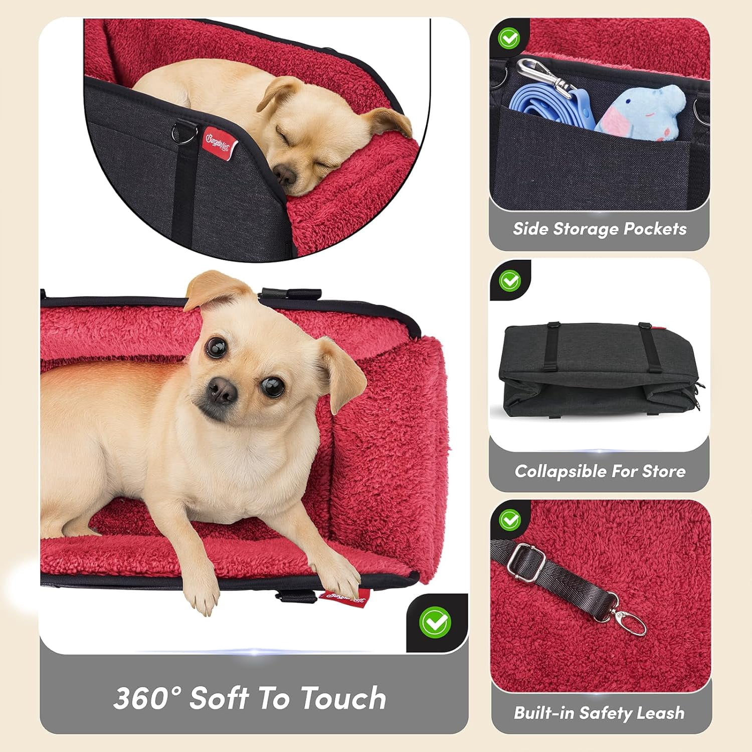 Center Console Small Dog Car Seat - Portable Pet Cat Puppy Booster Armrest Carseat Up to 11lbs, Anti-Collapse Comfort Car Travel with Washable Fluffy Cushion and Pillow, Red