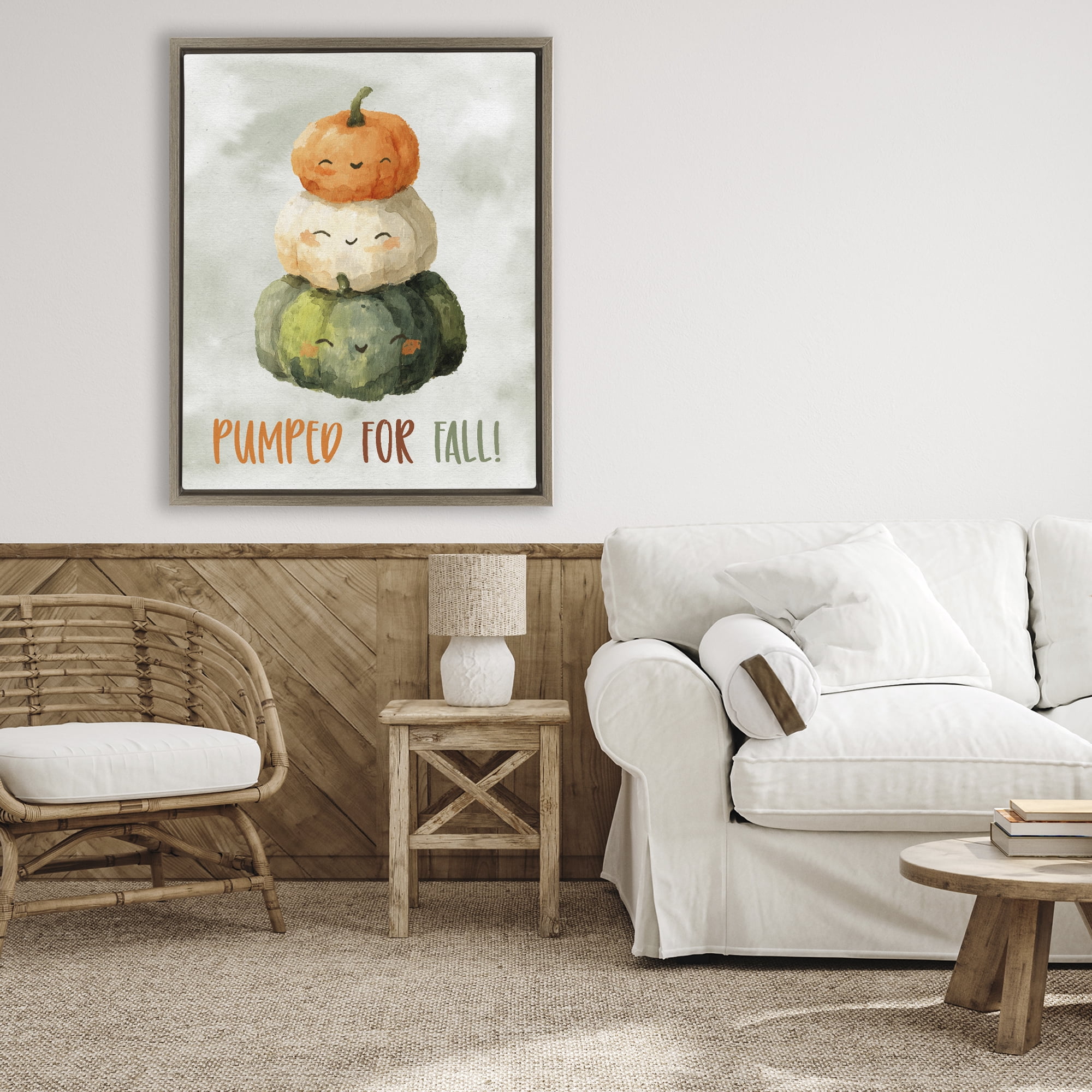 Stupell Industries Smiling Pumpkins Pumped For Fall Brown Framed Floater Canvas Wall Art, design by Ziwei Li