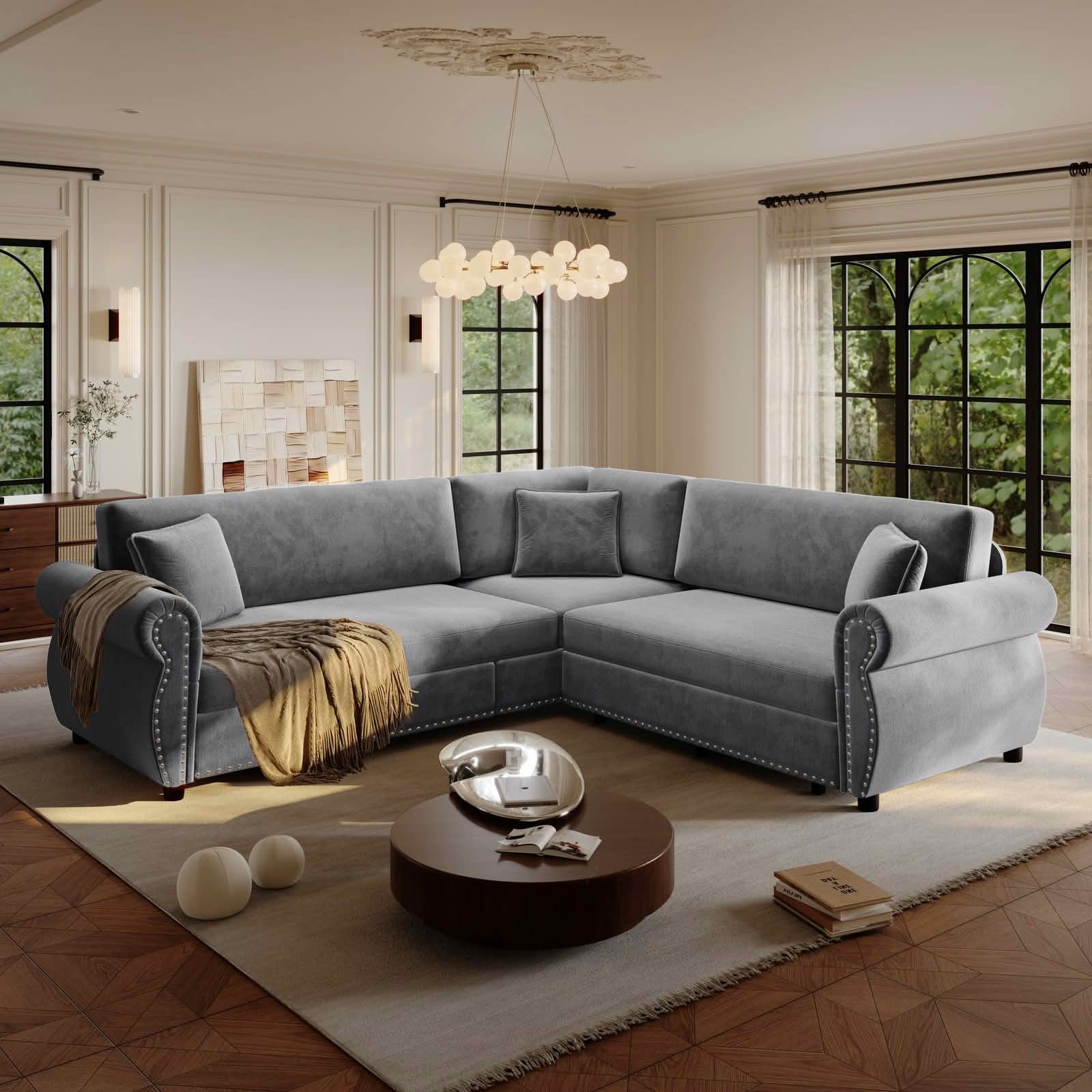 MAYEERTY 88.2" L‑Shaped Convertible Pull‑Out Sofa Bed, Chenille Sectional Couch with Nailhead Trim & Rolled Arms, Multifunctional Sleeper Sofa