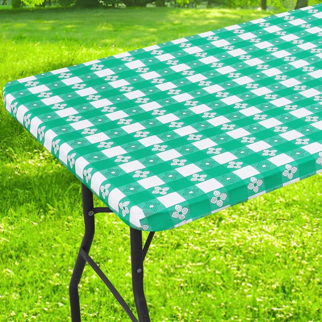 TRAHOO-Rectangle Picnic Table Cloth, Waterproof Elastic Fitted Outdoor Table Covers for 4 Foot Tables, Flannel Backed Plastic Vinyl Tablecloths for Camping, Dining and Indoor (30"x48", White & Green)