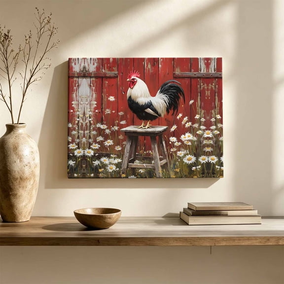 Rustic Farmhouse Canvas Wall Art, Rustic Red Barn Rooster Wildflowers Wall Art Prints Artwork Framed Canvas Ready to Hang Art Pictures for Large Dining Living Room Hallway 36" x 24"