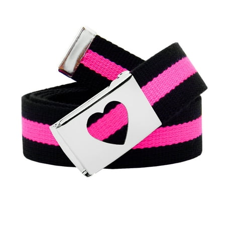 Striped Vintage Belt (Girls School Uniform Silver Flip Top Heart Belt Buckle with Canvas Web Belt X-Large Black and Pink)