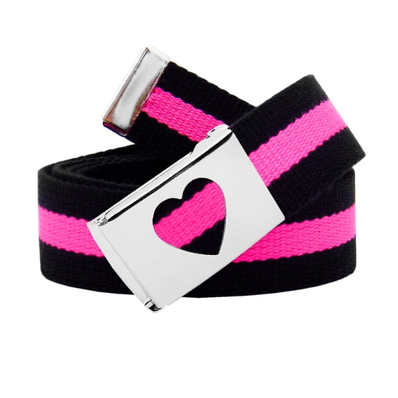 Girls School Uniform Silver Flip Top Heart Belt Buckle with Canvas Web Belt X-Large Black and Pink Stripe