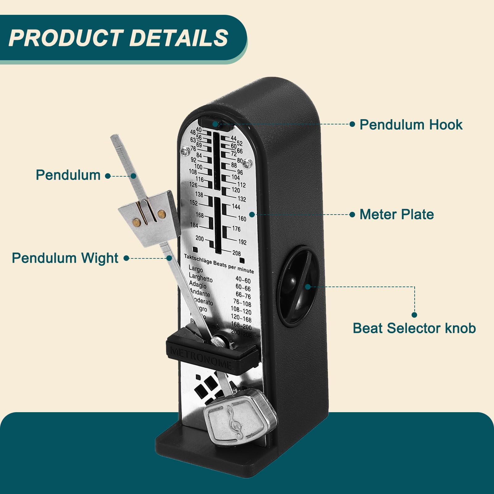 Mini Mechanical Metronome,High Accuracy Professional Musical Timer Universal Metronome for Piano Guitar Violin Ukulele Player,Black