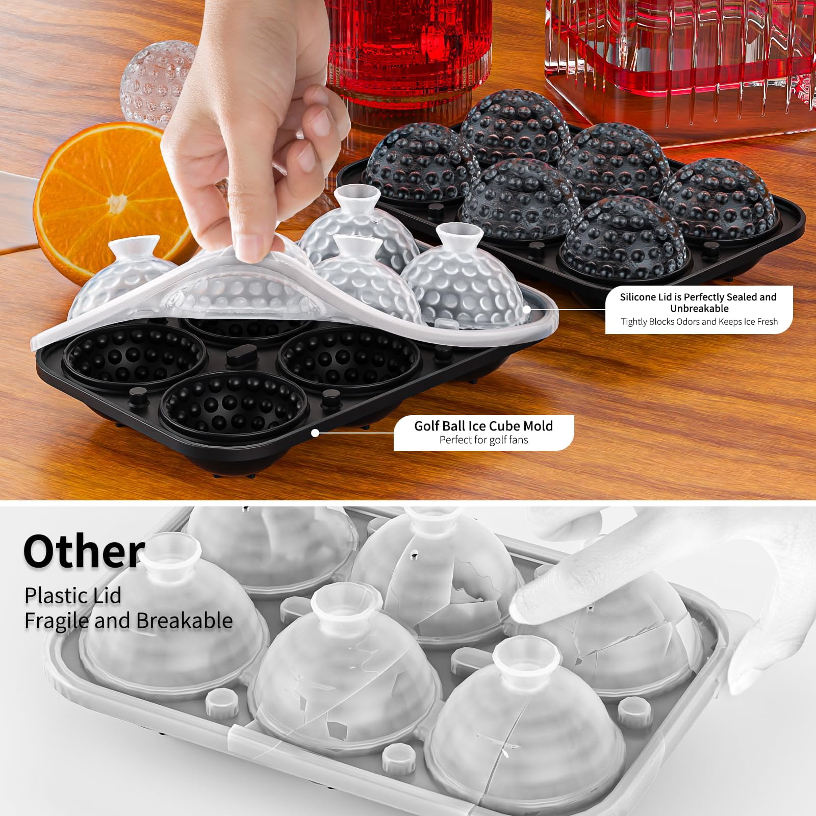 6 Chamber 2.2" 3d Golf Gifts Ice Cube Tray With Funnel Large Round Ball Maker Mold Silicone Fun Shapes Sphere Molds For Chilling Brandy And Beverages