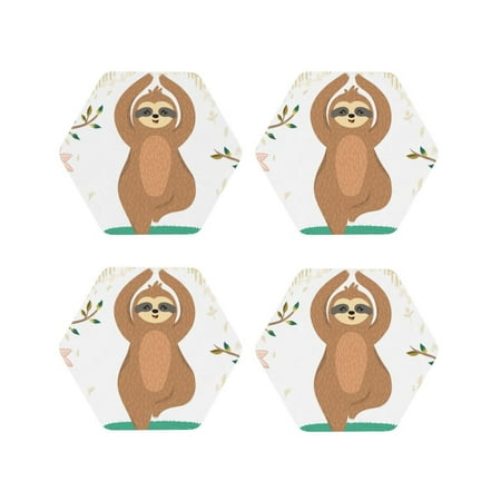 

Fuzoiu Cute Sloth In Yoga Pose Tree Print Leather Coasters Set Drink Coasters Set of 4 for Tabletop Protection Durable PVC Coasters Home Décor and Housewarming Gift-Hexagon