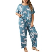 Women's Plus Size Pajama Sets For Lady Soft Short Sleeve Loungewear Sleepwear Top With Soft Pants 3XL