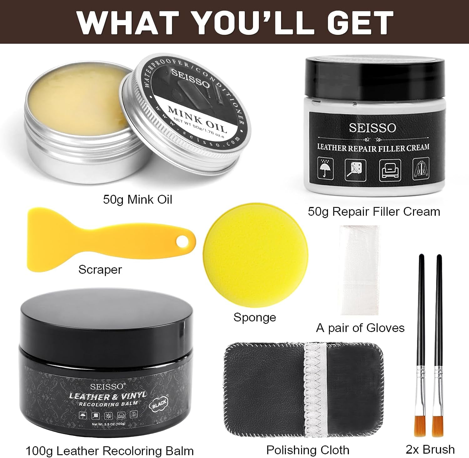 SEISSO Leather Recoloring Balm Black, Mink Oil Leather Conditioner & Leather Filler Cream, Leather and Vinyl Repair Kit for Furniture, Restore Couches, Car Seats, Sofa, Purse, Scratch, Peeling
