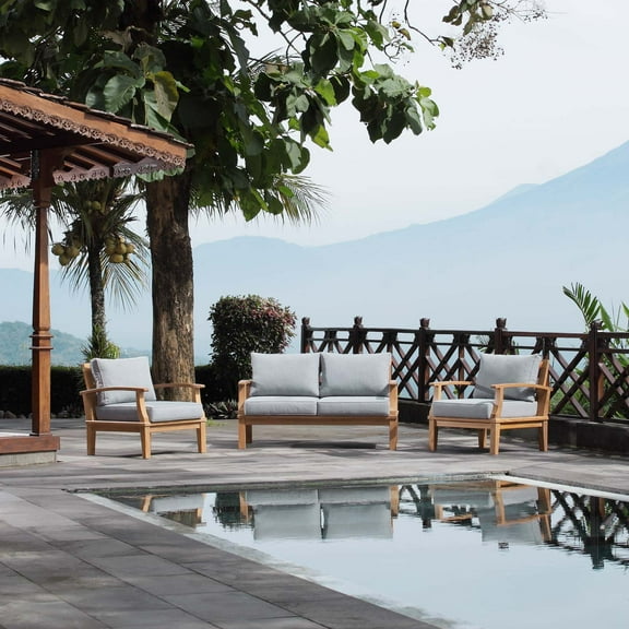 Modway Marina 3 Piece Outdoor Patio Teak Set in Natural Gray