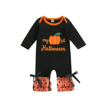 

Binpure Baby Girl Boy Halloween Romper Pumpkin Print/Applique Round Neck Long Sleeve Flared Jumpsuit for Toddlers