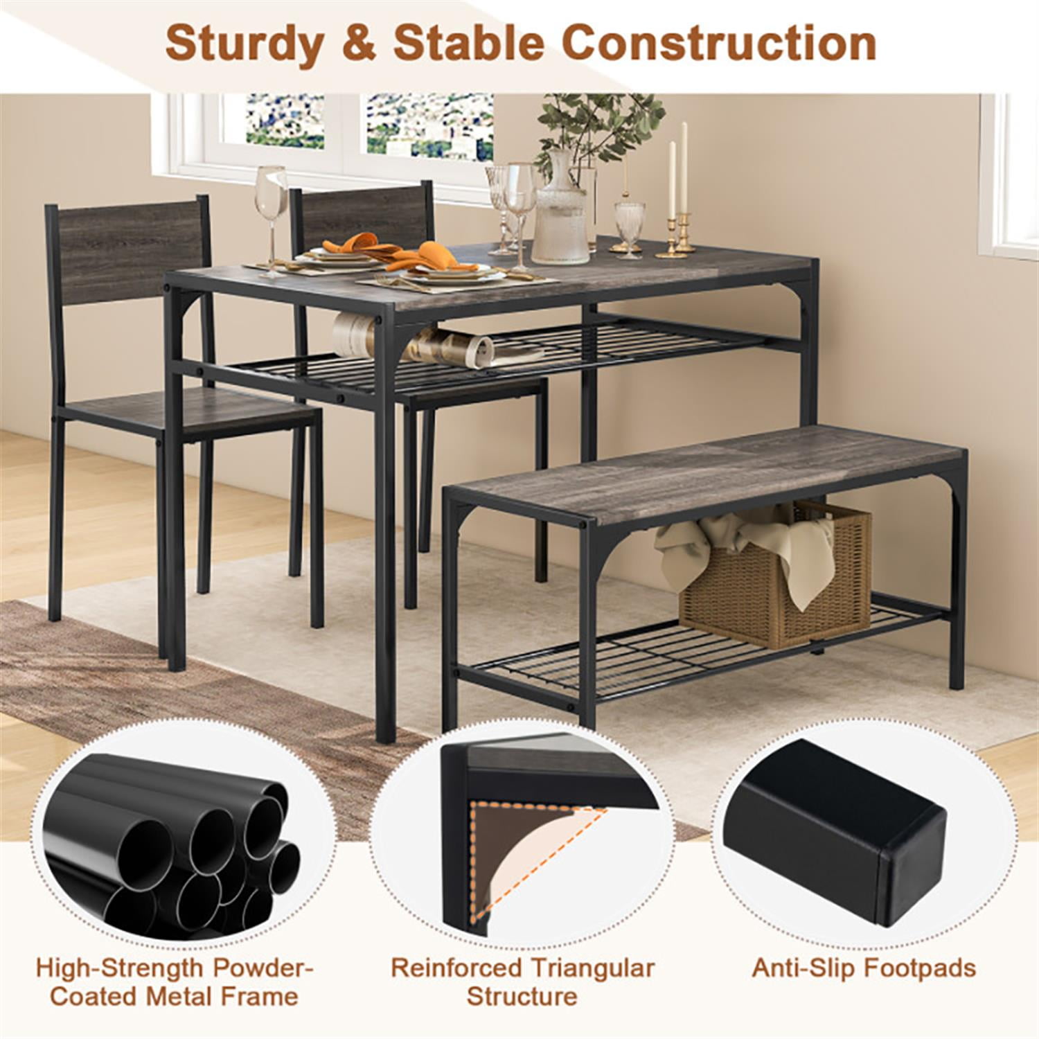 Demi Bonn 4-Piece Dining Table Set with Bench and 2 Chairs, 43"dustrial Kitchen Table with Metal Frame and Storage Rack, Perfect for Small Space, Gray