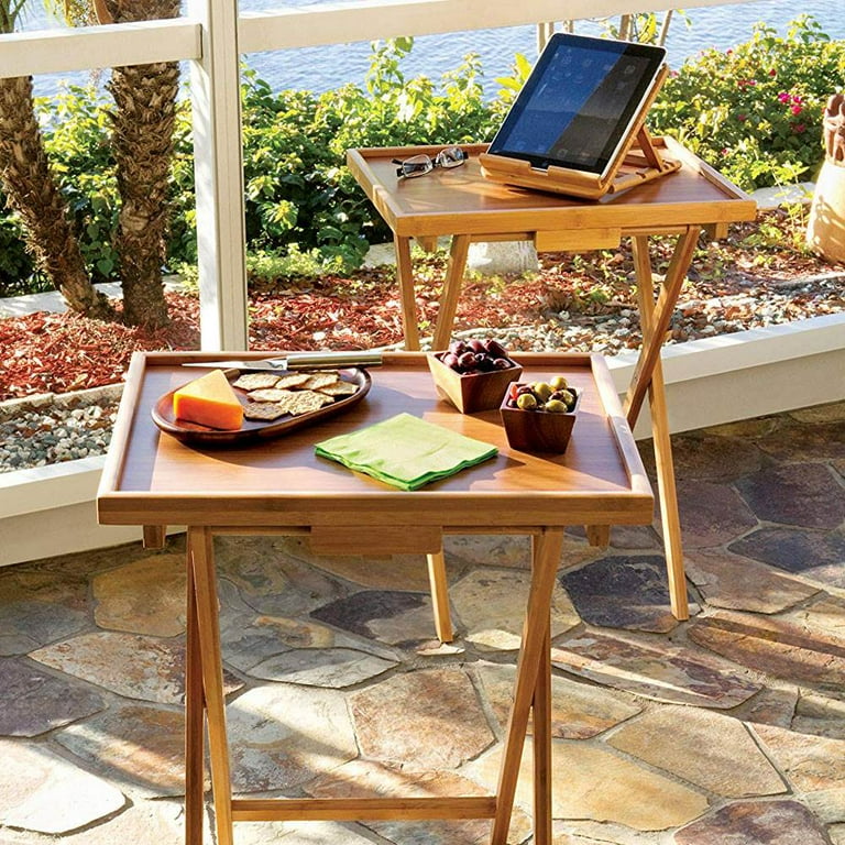 Brown Wooden TV Tray Folding Snack Table Lip Serving Accent Bamboo Portable  Top