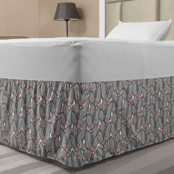 Spring Bed Skirt, Tulip Bouquets of Giant Leaves Gardening Blossoms Yard Flourish Pattern, Elastic Bedskirt Dust Ruffle Wrap Around for Bedding Decor, 4 Sizes, Coral and Pale Grey, by Ambesonne