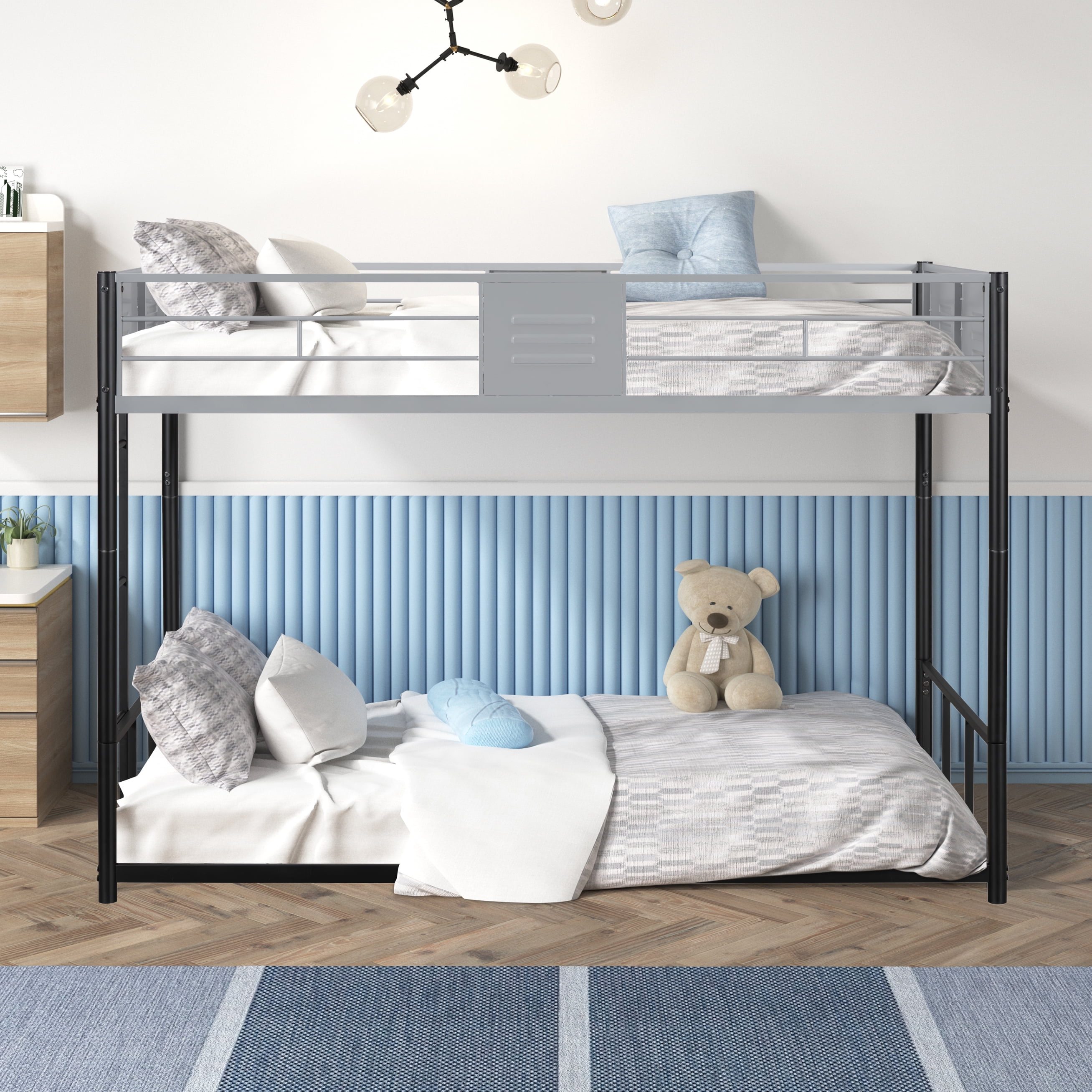 Miniyam Twin over Twin Bunk Bed with Safety Guardrail for Kids, Gray