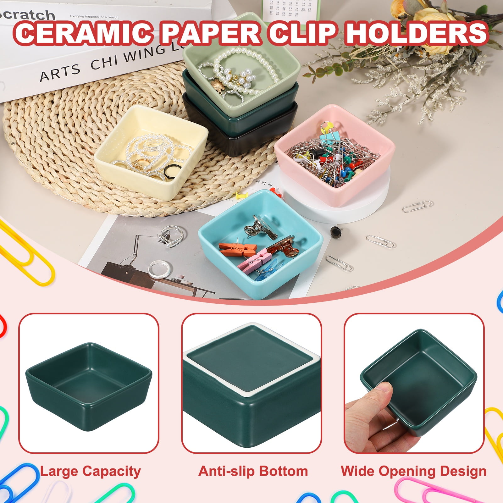 Uxcell Square Paper Clip Holders, 2 Pcs Ceramic Clip Dispenser Organizer Desk Organizer Accessories for Office Desktop Decor Bobby Pin Binder Paper Clamp, Dark Green