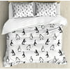 Kids Queen Size Duvet Cover Set, Skiing Penguins on Snowboards Winter Sports Themed Pattern Fun Animal Bird with Scarf, Decorative 3 Piece Bedding Set with 2 Pillow Shams, Black White, by Ambesonne