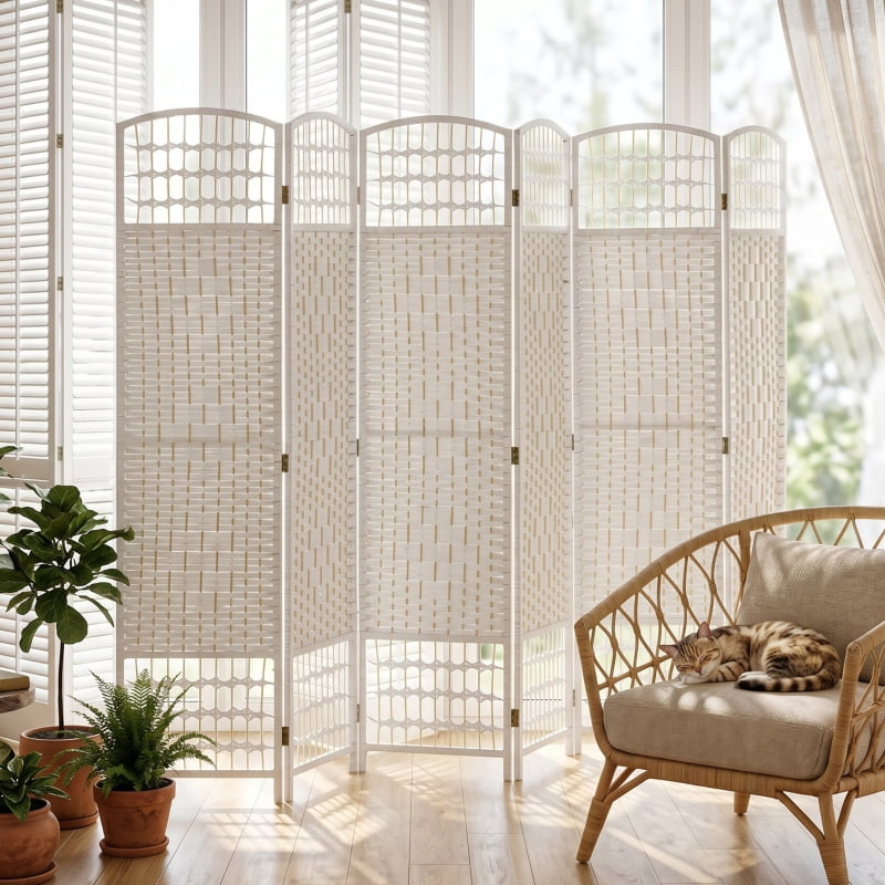 Alvantor 6-Panel Folding Privacy Screen with Hand-Woven Design, Freestanding Room Divider 94.5"x66.9" White
