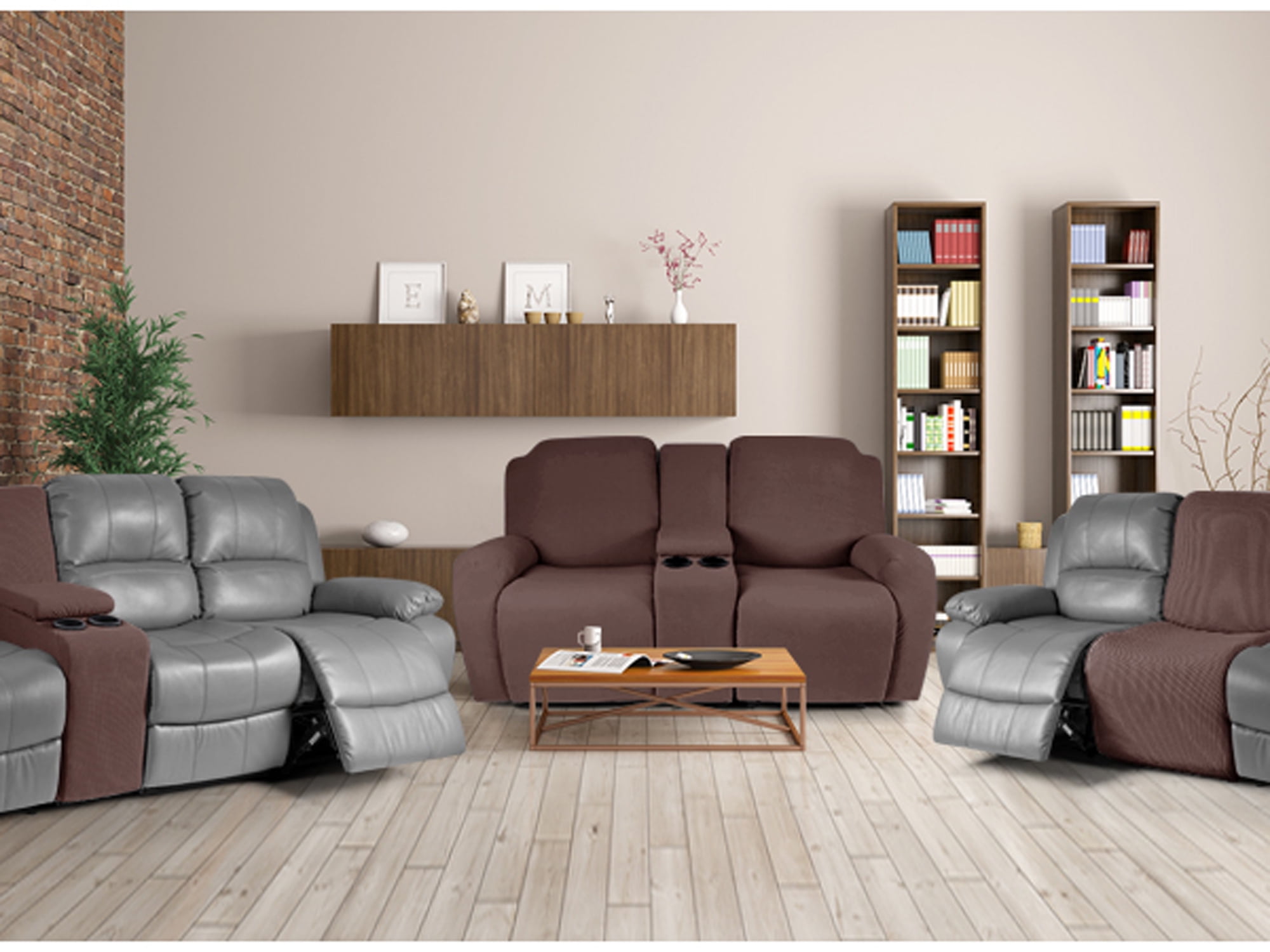 TAOCOCO Stretch Loveseat Slipcover with Middle Console, 4-Pieces Reclining Sofa Cover for 2 Seat Couch Recliner Sofa Slipocvers Furniture Protector, Chocolate