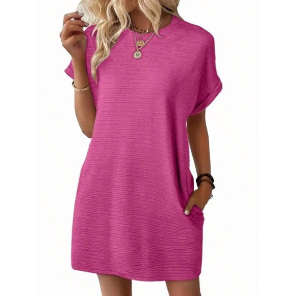 Women's Crew Neck Mini T-Shirt Dress, Textured Roll Cuff Loose Casual Sundress with Side Pockets for Summer