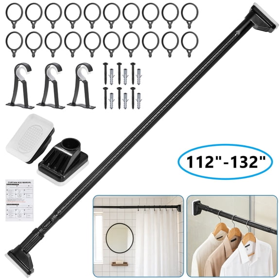 BEAMNOVA 112"-132" Adjustable Tension Curtain Rod, No Drilling Multifunctional Telescopic Tension Rod Shower Curtain Rod Set with Curtain Rings & Mounting Brackets, Black