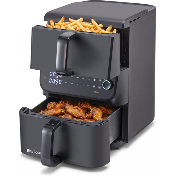 Elite Gourmet Dual Stacked Air Fryer, 10.5 Qt Total Capacity, PFAS-Free Nonstick Baskets, Sync Cook & Sync Finish, 10 Presets, 1700W, Black