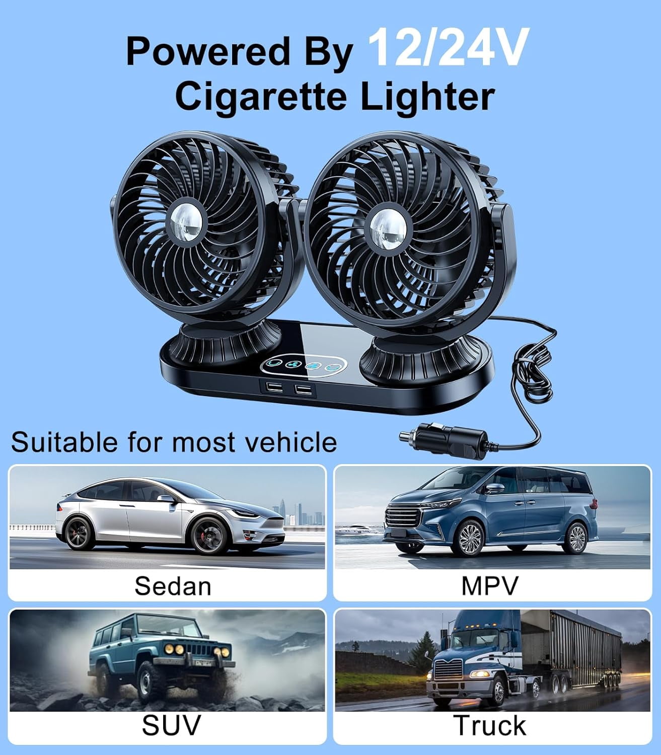 Car Cooling Fan, Dual Head Auto Oscillating Car Cooling Fan for Dashboard, DC 12V/24V Cigarette Lighter Powered 3 Speeds Vehicle Fan, Comes with 2 USB Charging Ports for Sedan Suv Rv Van Truck