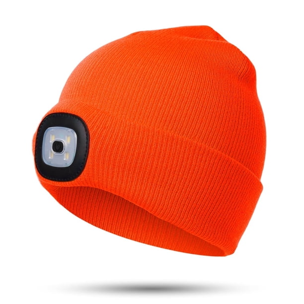 Gorro con luz LED para niños, regalo para niños y niñas, de invierno, suave, cálido, con luz, recargable por USB, 4 LED de alto brillo (naranja brillante).