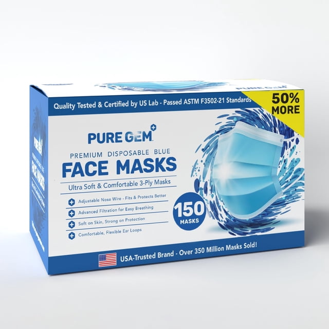 Mascarilla desechable azul de 3 capas PURE GEM, paquete de 150