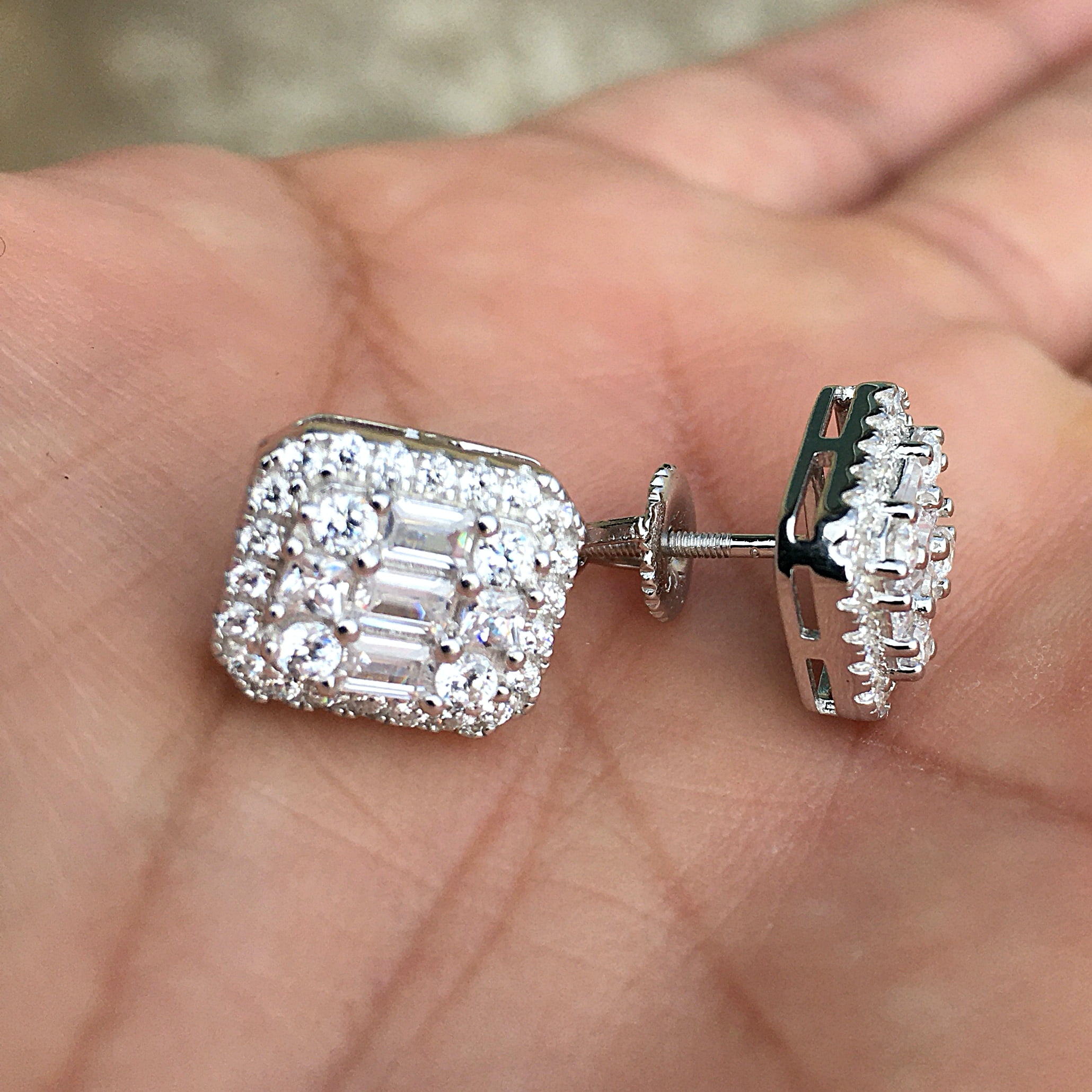 Real Solid 925 Sterling Silver Baguette Iced Earrings Bling Flooded Out CZ Screw Backs