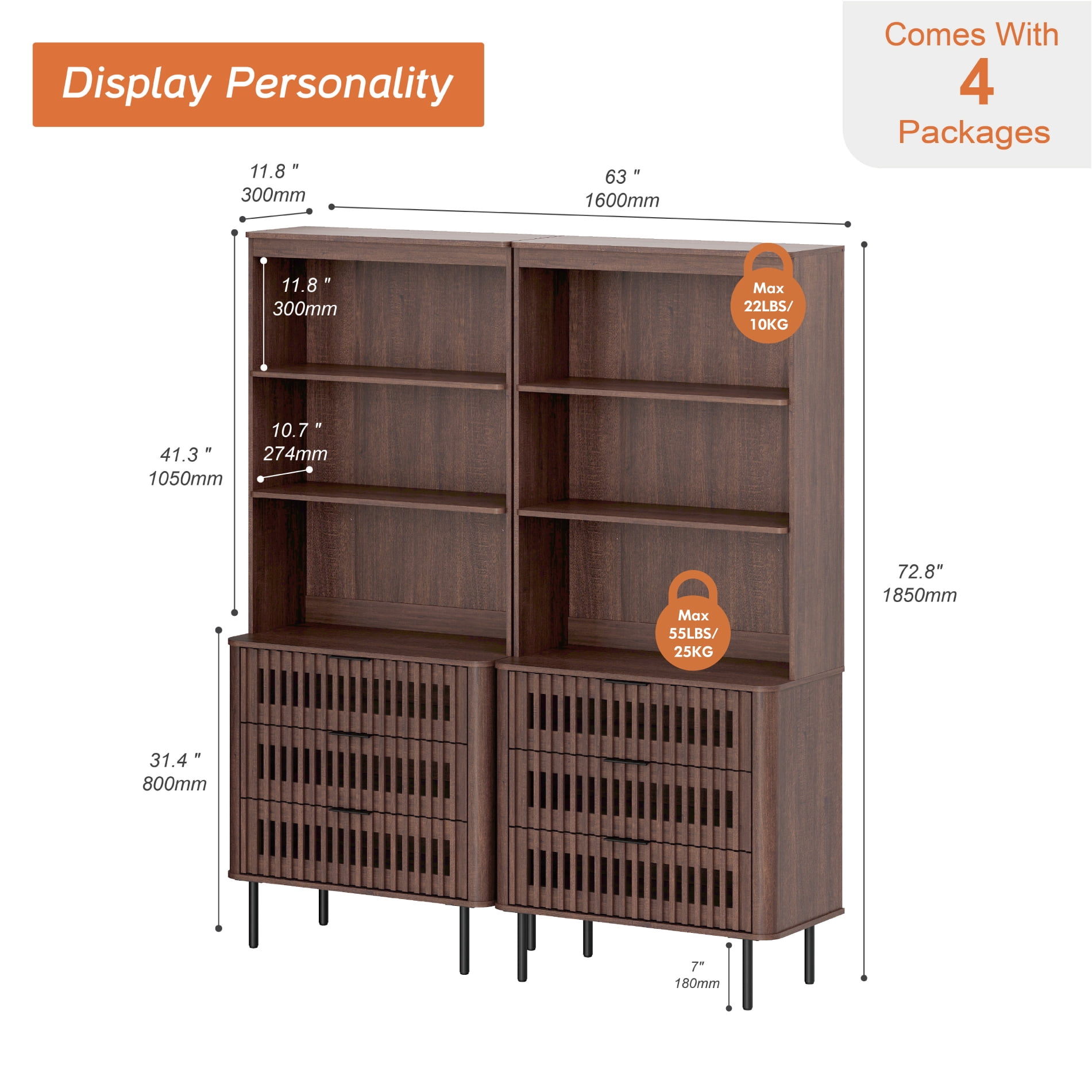 WAMPAT 72.8" Tall 3-Tier Bookshelf with Large Drawer, Modern Bookcase with Storage, Adjustable Shelves, Wood Storage Cabinet, Walnut, 2 PCS