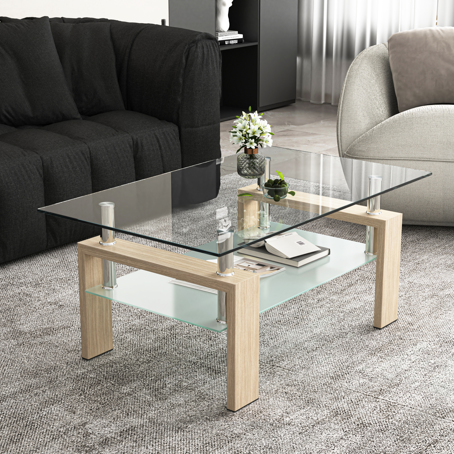 Canddidliike Clear Glass Coffee Table for Living Room, Rectangular