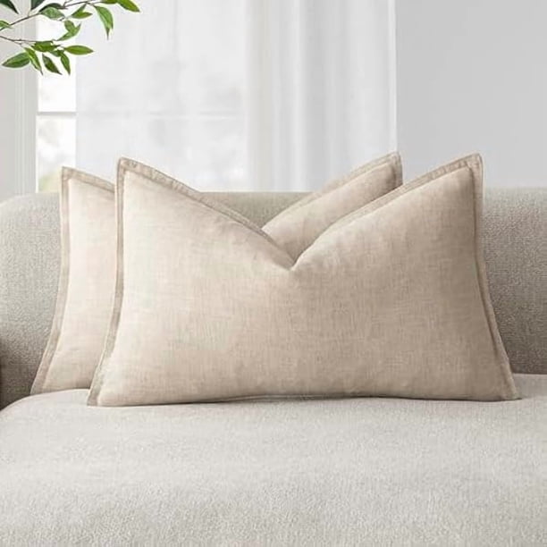 Chenchen Pack of 2, Decorative Linen Soild Throw Pillow Covers Soft Accent Lumbar Cushion Case Boho Farmhouse Neutral Pillowcase for Couch Sofa Bed Living Room Home Decor 12 x 20 Inch Natural Beige