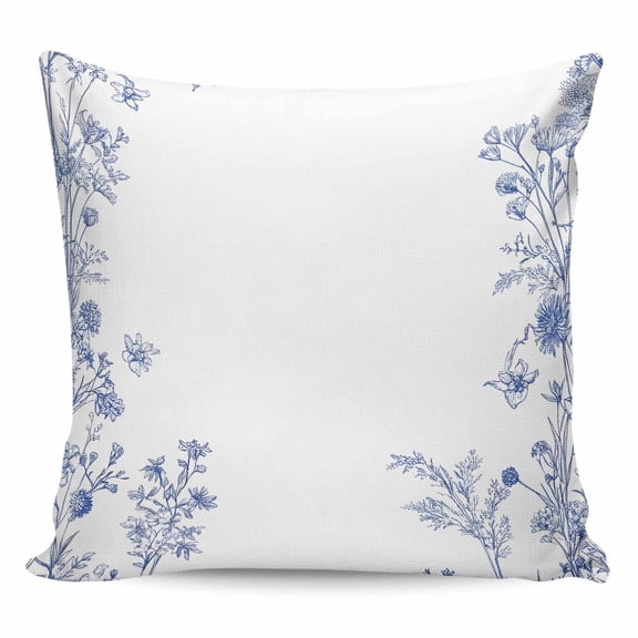 Throw Pillow Covers 18x18 Inch, Blue Spring Floral Decorative Pillow Cases for Couch Sofa Bed, Summer Flowers Botanical Cotton Linen Square Home Decor Pillowcases with Hidden Zipper
