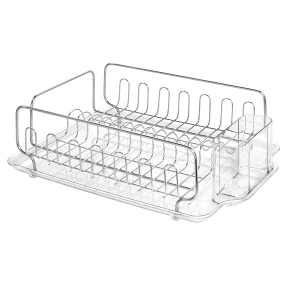 iDesign, Stainless Steel Sink Dish Drainer Rack with Tray Kitchen Drying Rack, Clear
