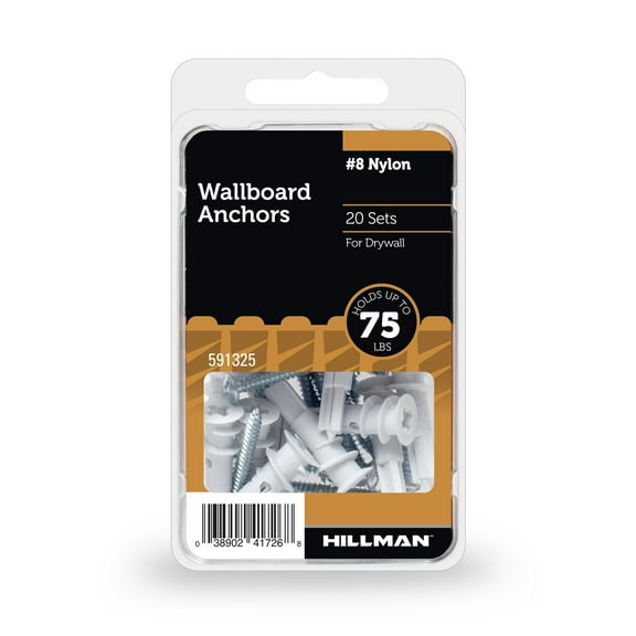 Hillman Drywall Wallboad Anchor Screws, #8, Nylon and Steel, Self-Drilling, 75 lbs, White and Silver, 20 sets