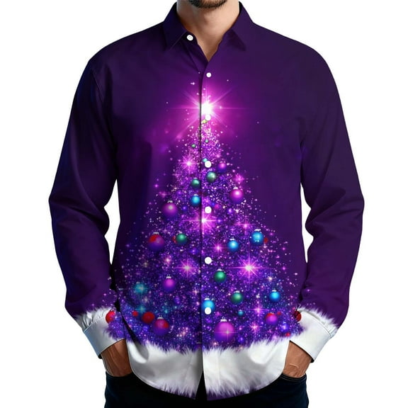 Fznquz Long Sleeve Mens Button Up Shirt Christmas Collared Purple Shirt Xmas Print Winter Big and Tall Men's Fashion