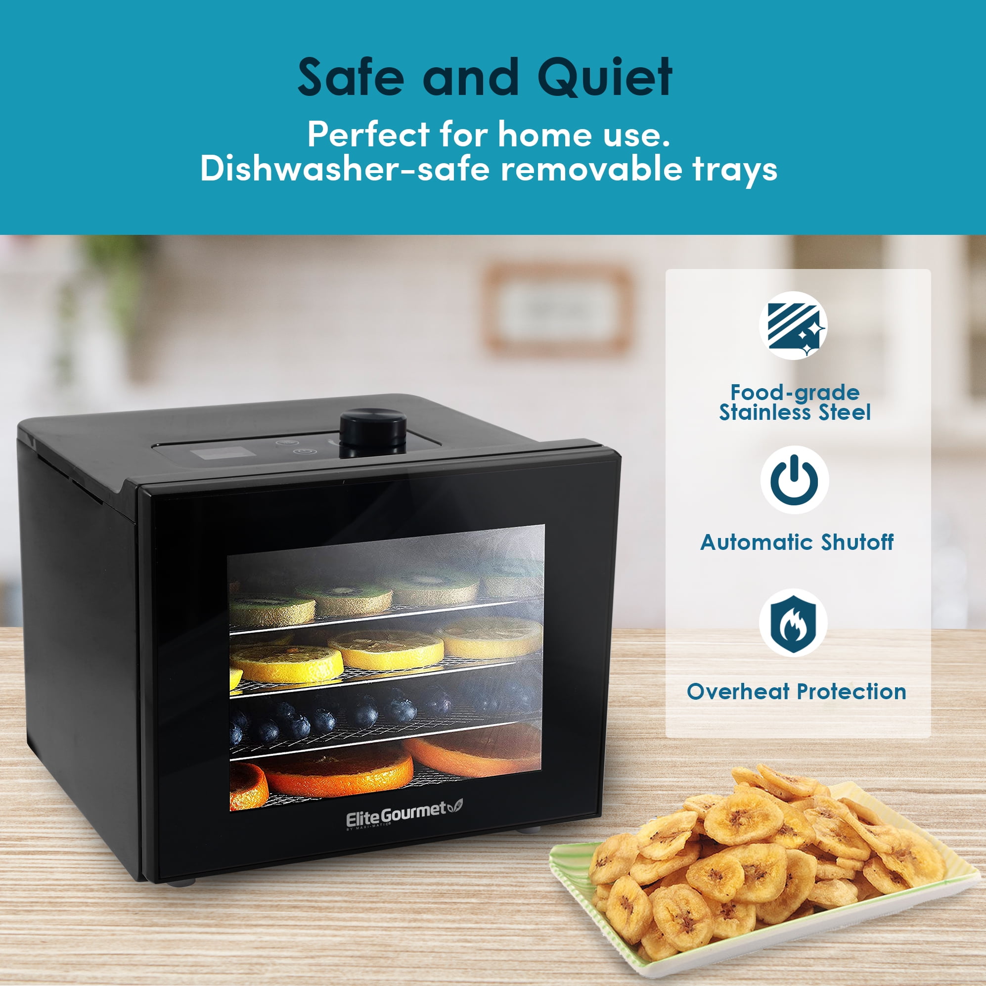 Elite Gourmet Digital Food Dehydrator with 4 Stainless Steel Trays, Black