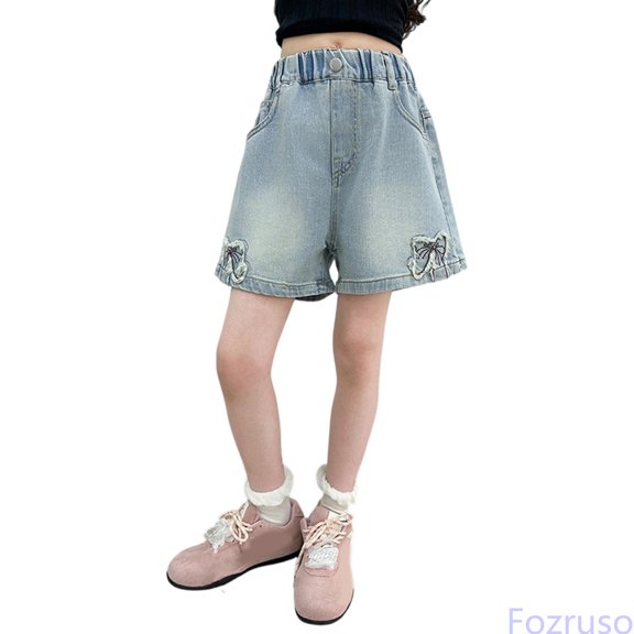 Fozruso Girls Bow Tie Kids Shorts Playful Summer Bottoms For Girls Comfortable Lightweight Blend Easy Wear With Elastic Waist Everyday Wear Girls Denim Jean Shorts(Blue)