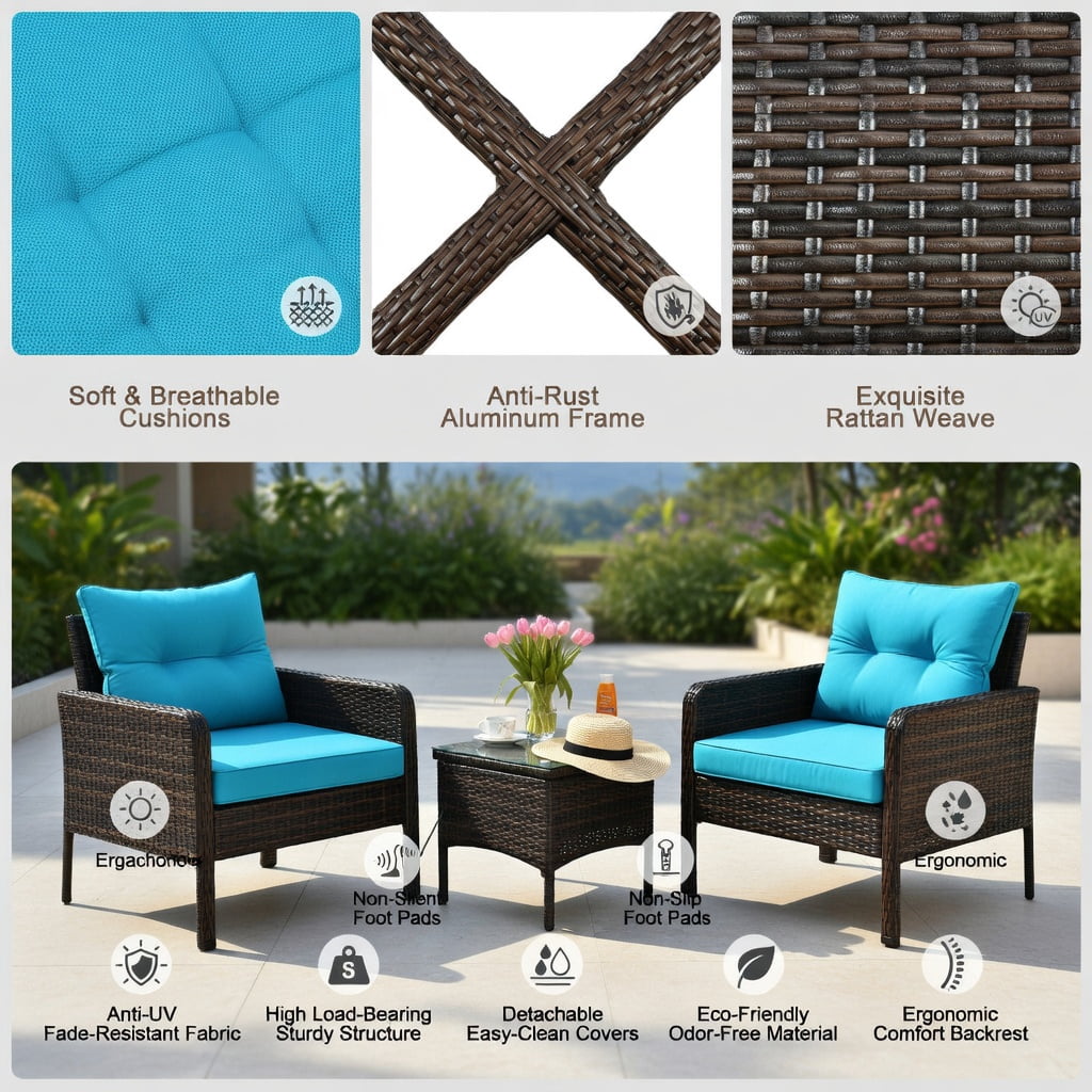 Hommoo 3-Piece Outdoor Wicker Patio Conversation Set, PE Rattan Chairs with Cushions, Tempered Glass Coffee Table for Backyard, Balcony & Poolside, Turquoise