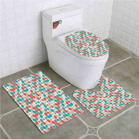 GOHAO Geometric Retro Mosaic Motif Traditional Featured Fractal Forms Grid 3 Piece Bathroom Rugs Set Bath Rug Contour Mat and Toilet Lid