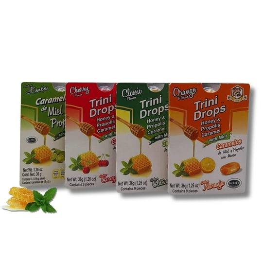 Caramelos de Propoleo & menta, 4 diferentes sabores, miel, limon, cereza y naranja (9 piezas cada cartera) La Tia Trini | Propolis & mint candies 4 different flavors, honey, lemon, cherry and orange