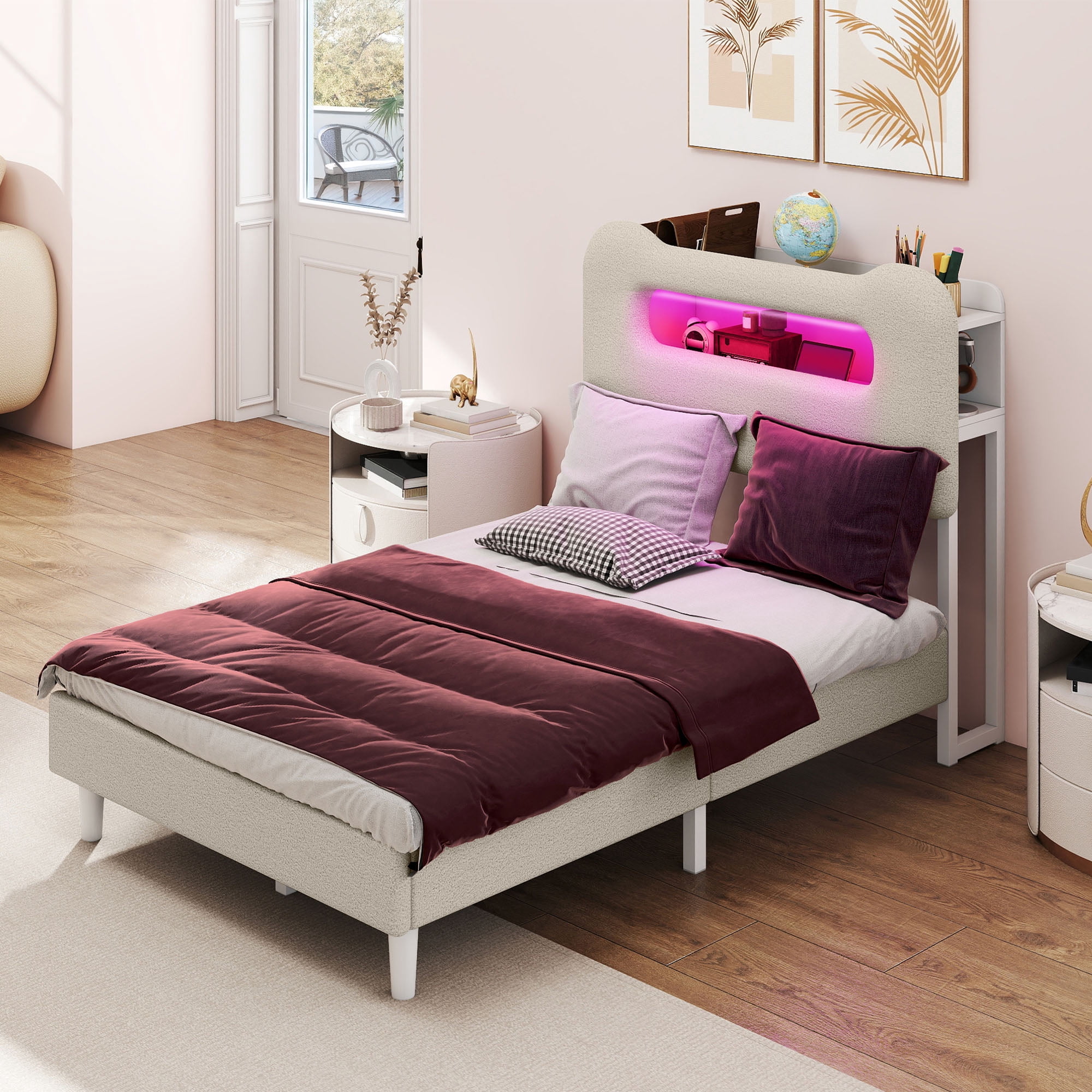 Uforic Twin Bed Frame with LED Headboard, Charging Ports, Storage Shelf, Boucle Upholstery, No Box Spring Needed, Cream