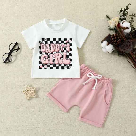 ZEHJUHAN Baby Girls' Casual 2-Piece Set Short Sleeve Letter Print Tee & Elastic Drawstring Waist Pocket Shorts Pink,0-3M