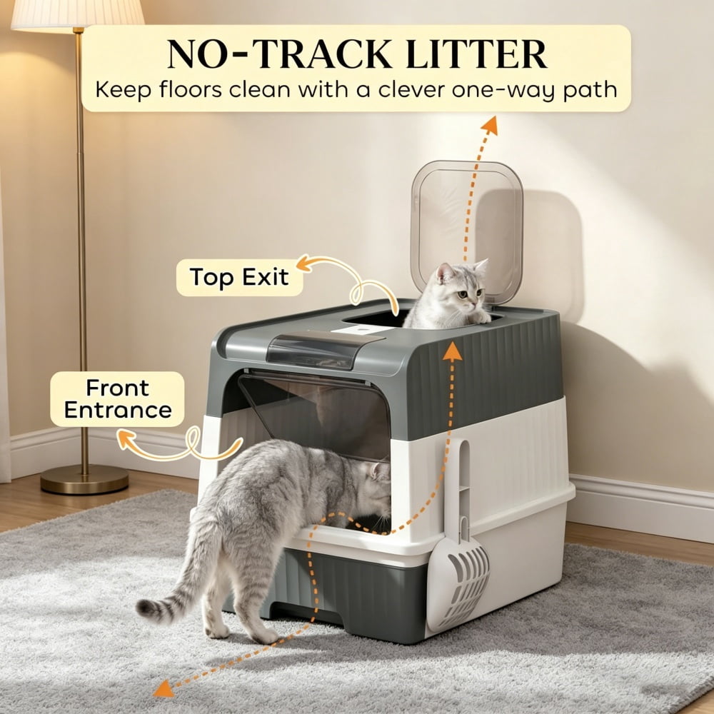 Enclosed Cat Litter Box, Front-Entry Top-Exit Litter Box with Grooved Lid, Slide-Out Tray, Dual Deodorizer Slots and Semi-Transparent Door, Indoor Kitty Toilet for Single Cats Up to 9 lbs