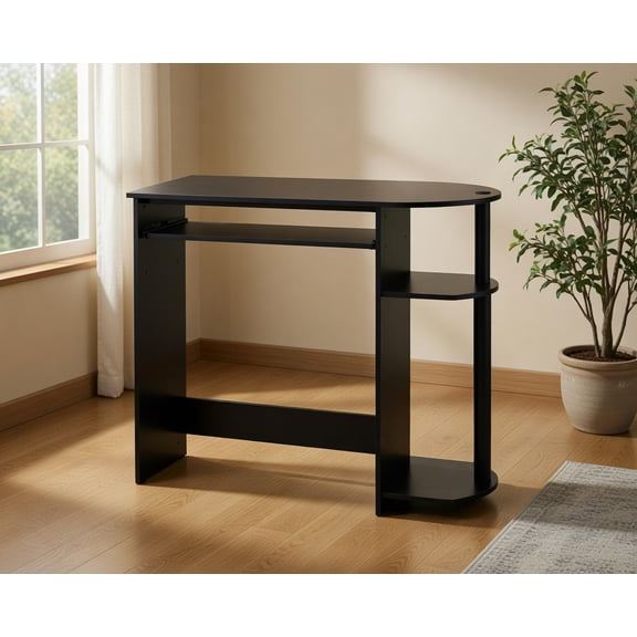 Compact Home Office Desk with Sliding Keyboard Tray and Side Storage Shelf