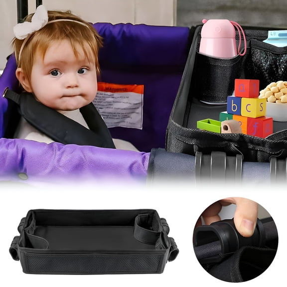 LAMIRO Stroller Snack Tray - Upgraded with Extra Thick Base, Waterproof Leather Sides & Side Mesh Pockets for Added Durability